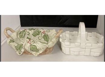 2 Ceramic Serving Baskets.  One White With Traditional Basket-weave, Marked Italy The Other Has Faux Wicker