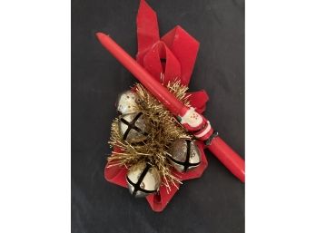 Christmas Bell Decorative Spray With Tinsel/red Bow, And Vintage Santa Taper Candle