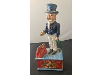 Very Unique Painted Cast Iron Uncle Sam Bank  10 1/4 Inches