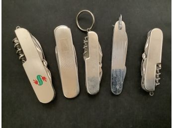 Nice Lot Of Five Vintage Pocket Knives. All Stainless Steel. 4 Are Swiss Army Type.