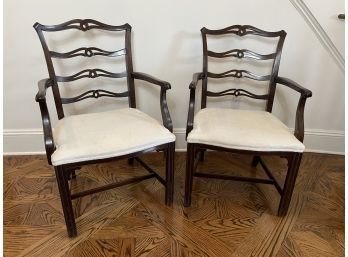 Pair Of White Cushioned Antique Dining Room Chairs