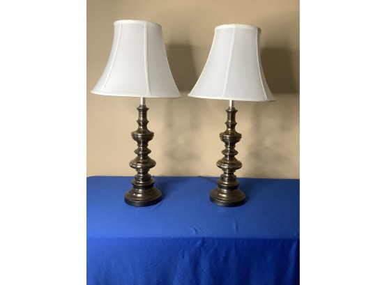 Pair Of Brass Table Lamps With Matching White Shades