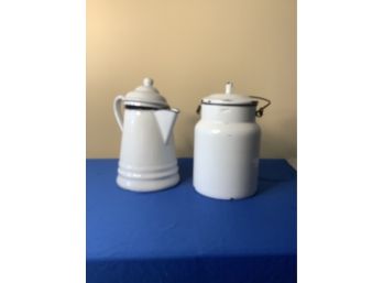 Enamelware White Tea Pot And Jar