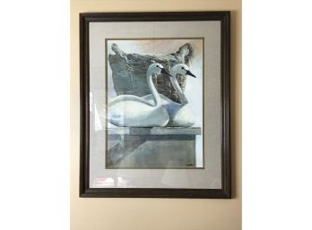Ethan Allen Gallery Signed Art Of Swans In Front Of A Basket