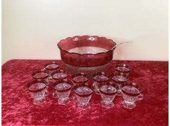 Vintage Red And Clear Glass Punch Bowl Ladle And Cup Set