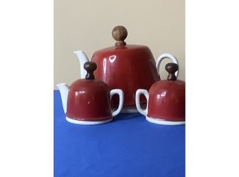 Vintage 3 Piece Red And White Tea Set