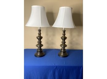 Pair Of Brass Table Lamps With Matching White Shades