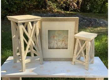 Two Small Wooden Stools & A Framed Print
