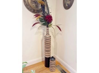 Pair Of Decorative Wooden Vases With Faux Floral Arrangement
