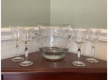 Etched Glass Ice Bucket & Four Etched Glasses