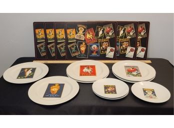 Pottery Barn, Vintage Poster, 6 Cork Placemats, 6 Dinner Plates, 3 Luncheon Plates