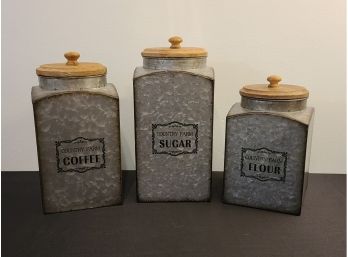 3 Hobby Lobby Tin Canisters, See Pic For Lid Damage, Only Coffee Appears To Be Used