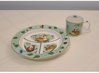 2 Pc Child's Dish And Cup, Lynn Chase Design, Forest Friends, Porcelain, No Chips