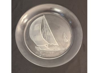 Beautifully Etched Glass Ship Platter, No Chips