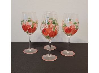 4 Wine Glasses W Hand Painted Apple Design, No Chips