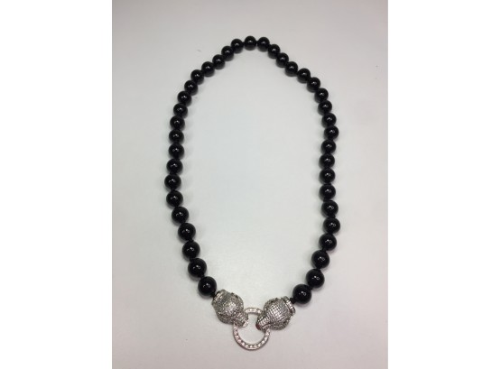 Beautiful Designer Style Necklace With Black Onyx Beads & Leopard Head Clasp - Cartier STYLE - Very Nice !
