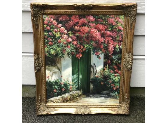 Beautiful Hand Painted Oil On Canvas In Fantastic Frame - Lovely Subject Matter - Green Villa Door & Flowers