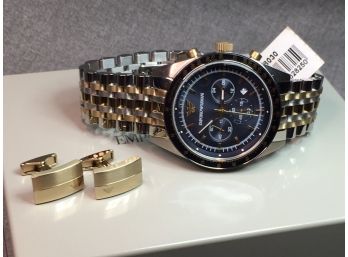 Incredible $975 GIORGIO ARMANI Chronograph Watch - Two Tone Bracelet Comes With Fantastic Armani Cufflinks
