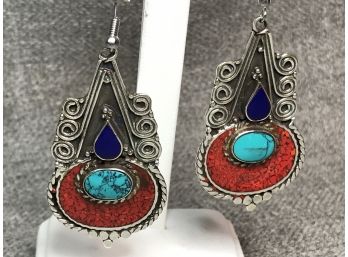 Fabulous Sterling Silver / 925 Earrings - Hand Made In Tibet - Turquoise - Lapis Lazuli & Carnelian - WOW !