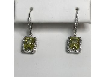 Stunning Sterling Silver / 925 Earrings With Beautiful Square Cut Peridot - Encircled With White Sapphires