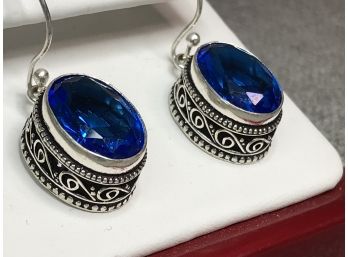 Fantastic Sterling Silver / 925 Earrings With Large Blue Sapphires - BEAUTIFUL Style - All Handmade - Wow !