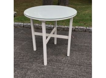 Nice Clean Crisp White Round Table With Glass Top By MINIC FURNITURE NYC - Very Good Condition  30' X 31'