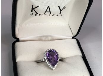 Gorgeous Sterling Silver / 925 Ring With Teardrop Amethyst & White Sapphires - New Never Worn - GREAT GIFT !