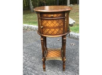 Beautiful Vintage French Inlaid Parquetry Top Stand With Brass Gallery On Lower Shelf - One Door - One Drawer