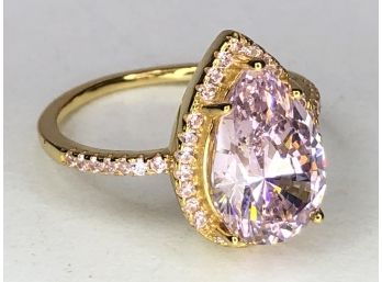 Lovley Sterling Silver With 14kt Gold Overlay Ring With Intense Pink Teardrop Tourmaline & White Sapphires