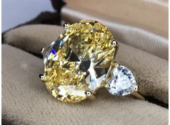 Fabulous Sterling Silver With 14kt Gold Overlay With Large Canary Yellow Topaz & Heart Shaped White Topaz