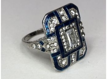 Amazing Art Deco Style Ring - Sterling Silver / 925 - Blue Enamel - And Cubic Zirconia - GREAT LOOKING RING