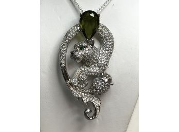 Fabulous Sterling Silver / 925 - 16' Necklace With Sterling Silver Cartier STYLE Pendant / Olive Green Peridot