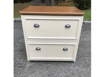 Very Nice Two Drawer File / Utility Cabinet - Ivory Painted Finish With Natural Wood Top - Brushed Steel Pulls