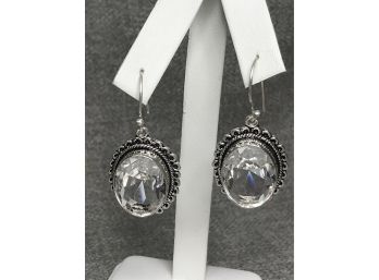 Fabulous Sterling Silver / 925 Earrings With Large Sparkling Crystal Quartz - Beautiful Pair - Made In India