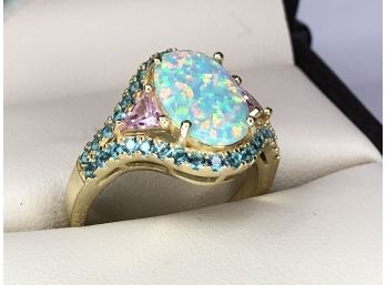 Stunning Sterling With 14kt Gold Overlay Ring With Ngadandari Style Fire Opal - Pink & Light Blue Tourmalines