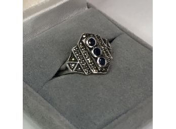 Beautiful Vintage Sterling Silver / 925 Ring With Sapphires & Marcasite - Very Pretty Piece - Sterling Silver