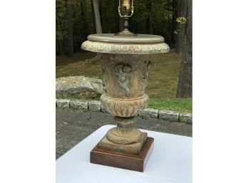 (1 Of 2) Spectacular Antique French Cast Iron Garden Urn - Fantastic Patina - Mounted As Lamp With Shade
