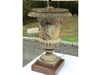 (2 Of 2) Spectacular Antique French Cast Iron Garden Urn - Fantastic Patina - Mounted As Lamp With Shade