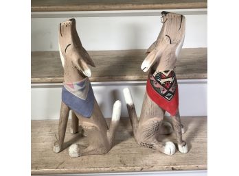 Pair Of Carved Howling Coyote Sculptures By Noted Southwestern Folk Artist Jorge Rodriguez