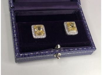 Gorgeous Sterling Silver Earrings With Intense Square Cushion Cut Yellow Topaz Encircled With White Topaz