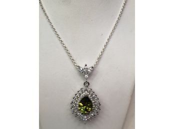 Fabulous Sterling Silver / 925 With Peridot & Sparkling White Topaz Pendant On 24' Italian Sterling Necklace