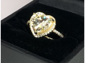Wonderful Sterling Silver With 14kt Gold Overlay - Heart Shaped Yellow Topaz Ring / White Topaz Accent Stones