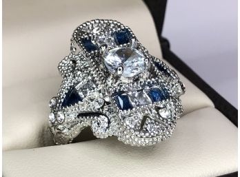 Stunning Sterling Silver / 925 Art Deco Style Ring - Blue & White Sapphire Colored Stones - SUPER NICE !