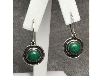 Lovely Sterling Silver / 925 Round Earrings With Malachite - Very Simple Yet Very Pretty Pair Of Earrings