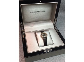 Beautiful Brand New Ladies $895 GIORGIO ARMANI Swiss Made Watch - Gold Tone Case - Gray Dial - Leather Strap