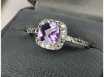 Fantastic Antique Style Sterling Silver / 925 Ring With Cushion Cut Amethyst & White Topaz Accent Stones