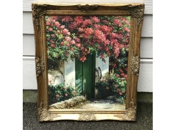 Beautiful Hand Painted Oil On Canvas In Fantastic Frame - Lovely Subject Matter - Green Villa Door & Flowers