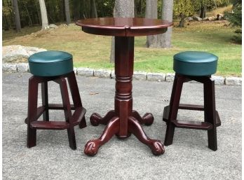 Fantastic Mahogany Tall Pool / Pub Table With Claw Feet & Two Stools With Green Leather Seats - Great Set !
