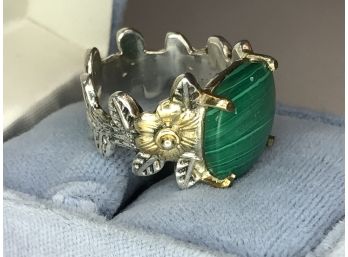Very Unusual Sterling Silver / 925 Ring With Beautiful Malachite - Gold Accents To Flowers - VERY Nice Ring