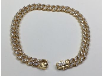 Fabulous Sterling Silver With 18KT Gold Overlay Curb Link Bracelet With HUNDREDS Of Sparkling White Zircons